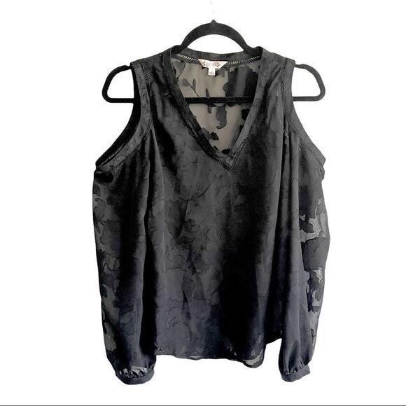 COPY - NANETTE LAPORE V-Neck Cold Shoulder Semi-Sheer Blouse Floral Design Bla… - Picture 2 of 8